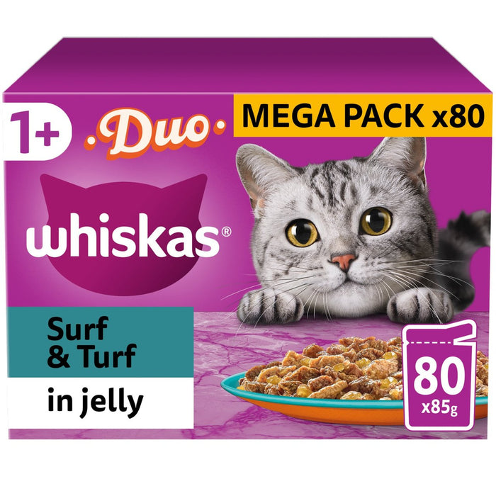 Whiskas 1+ POUCHAS DE CATO DE CATO HOMBRES ADULTOS Duo de surf y césped en gelatina 80 x 85g