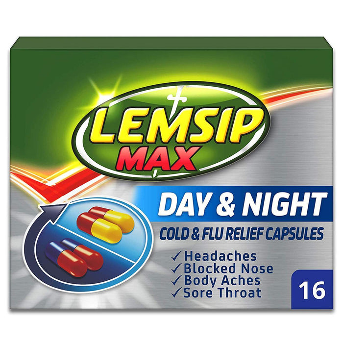 Lemsip max día y noche cápsulas de alivio de frío y gripe 16 por paquete